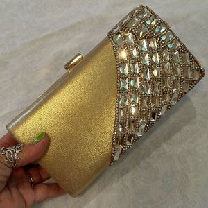 Clutch Bag Purse Gold Rhinestones Chain Imperfect Condition
